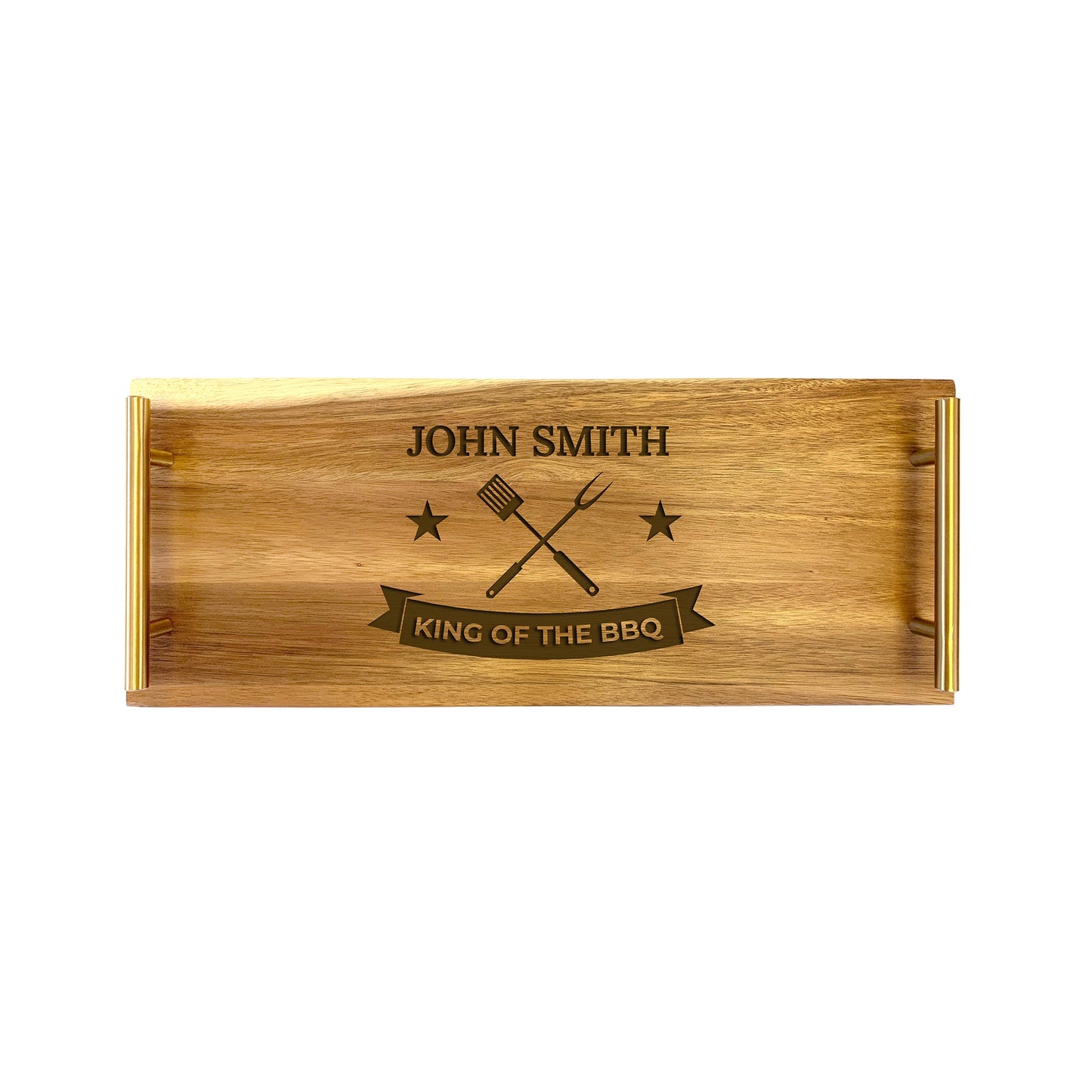 A rectangular wooden serving tray with 'KING OF THE BBQ' text and an engraved design of a chef's tool on the front.