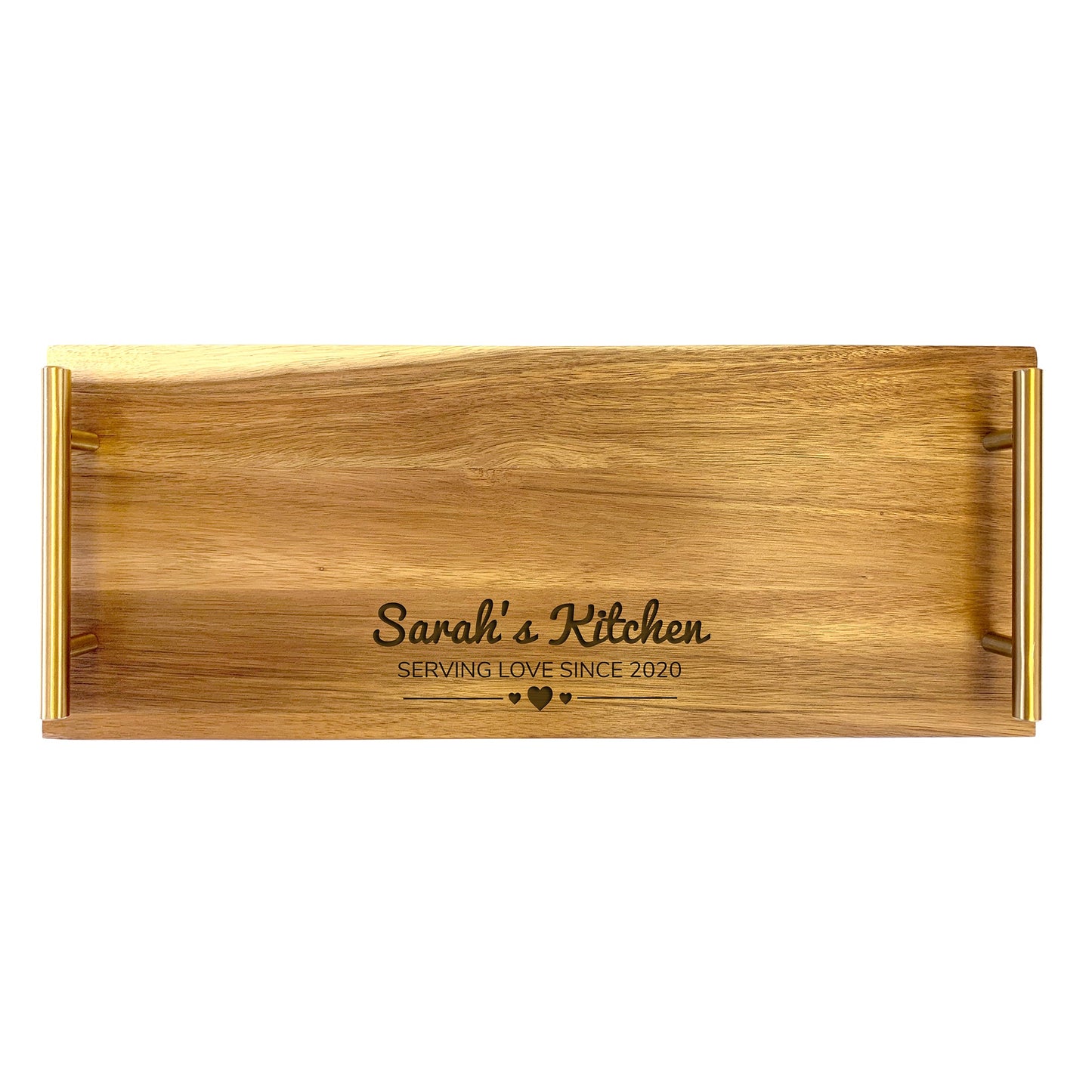 A large rectangular wooden serving tray with laser-engaved text 'Sarah's Kitchen - SERVING LOVE SINCE 2020'.