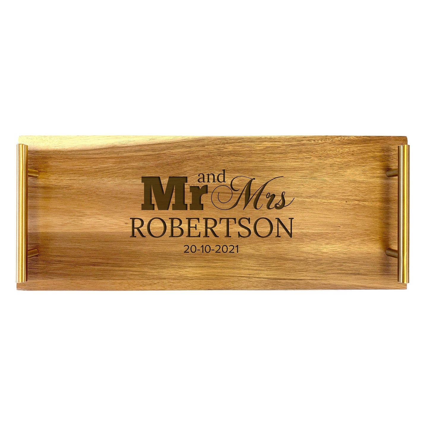 A large rectangular wooden serving tray with laser-engraved text 'Mr and Mrs Robertson' on the front.