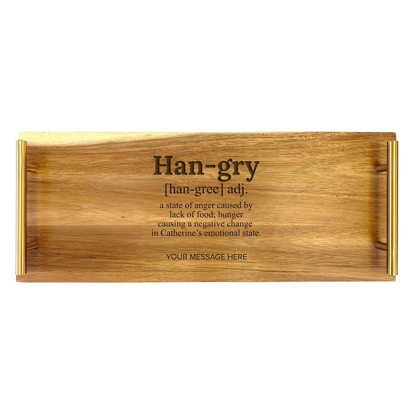 A rectangular wooden serving tray with the text 'HANGRY' engraved on it, along with a brief message space.