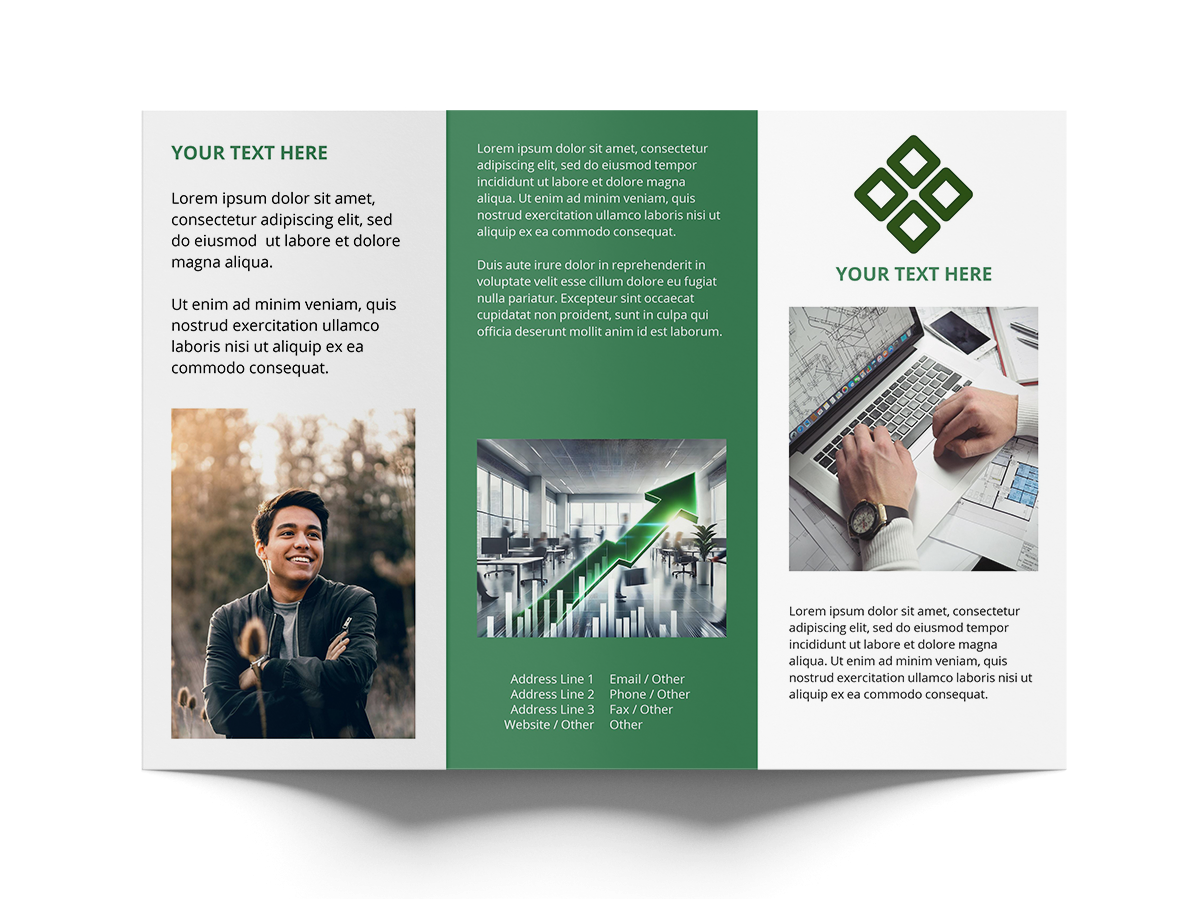 Three fold brochure design with text placeholders and images of a person, laptop, and office.