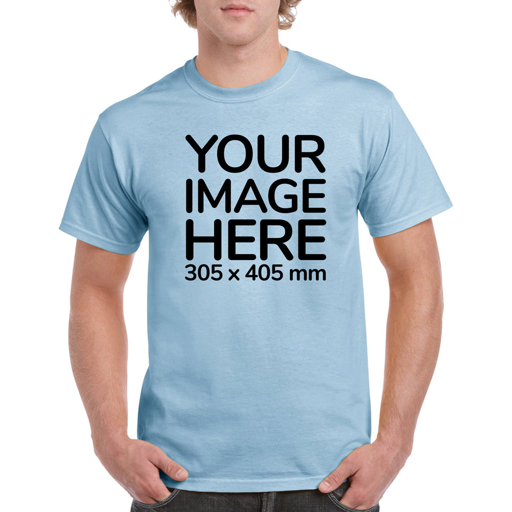 Men's Custom T-Shirts - Shirts are customisable on front side with your own design or image - light blue colour teez