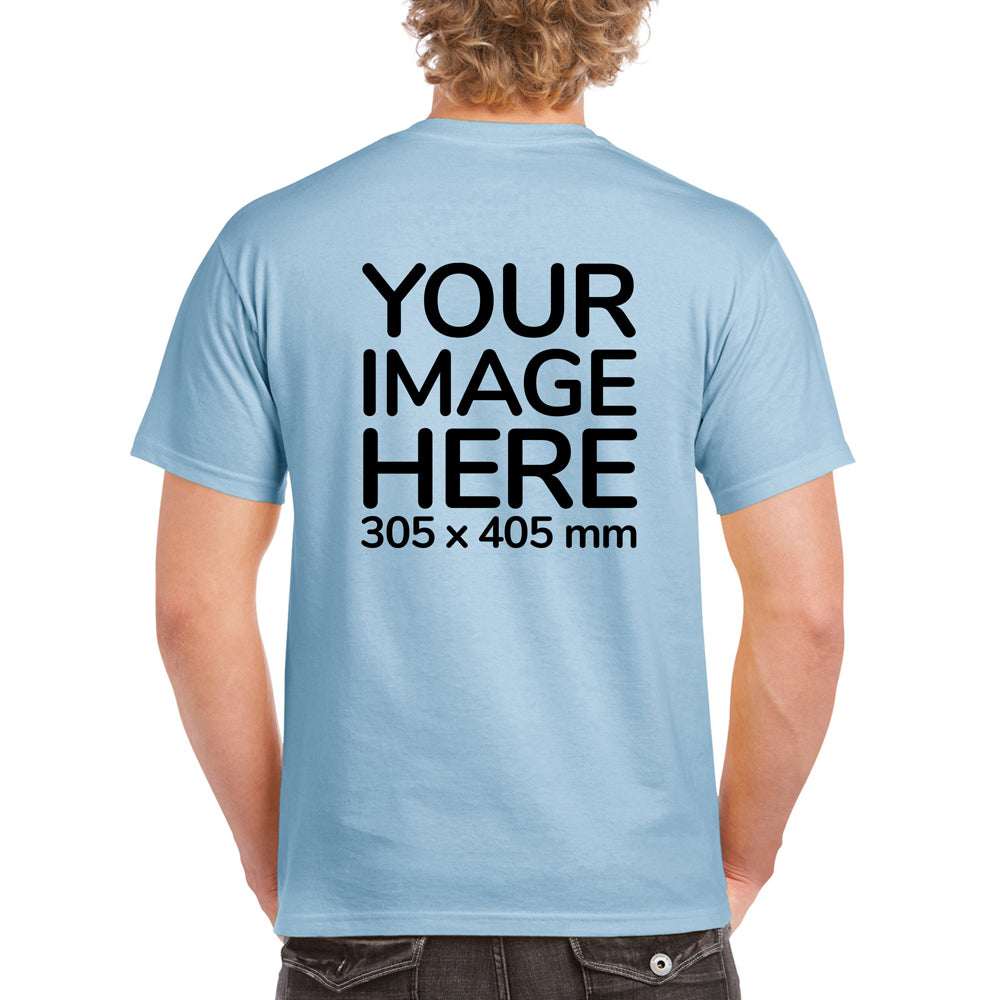Men's Custom T-Shirts - Shirts are customisable on back side with your own design or image - light blue colour teez