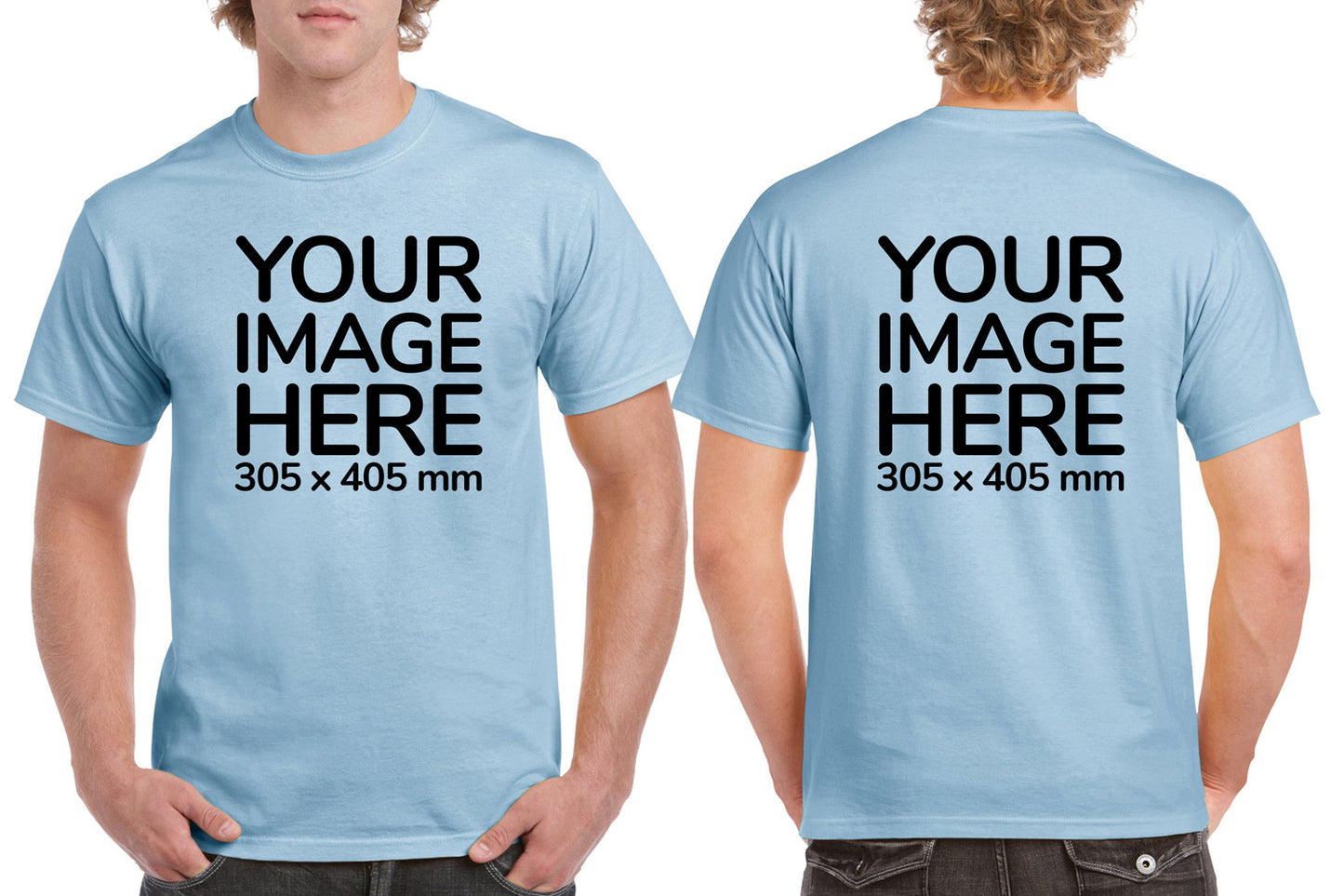 Men's Custom T-Shirts - Shirts are customisable on front and back side with your own design or image - light blue colour teez
