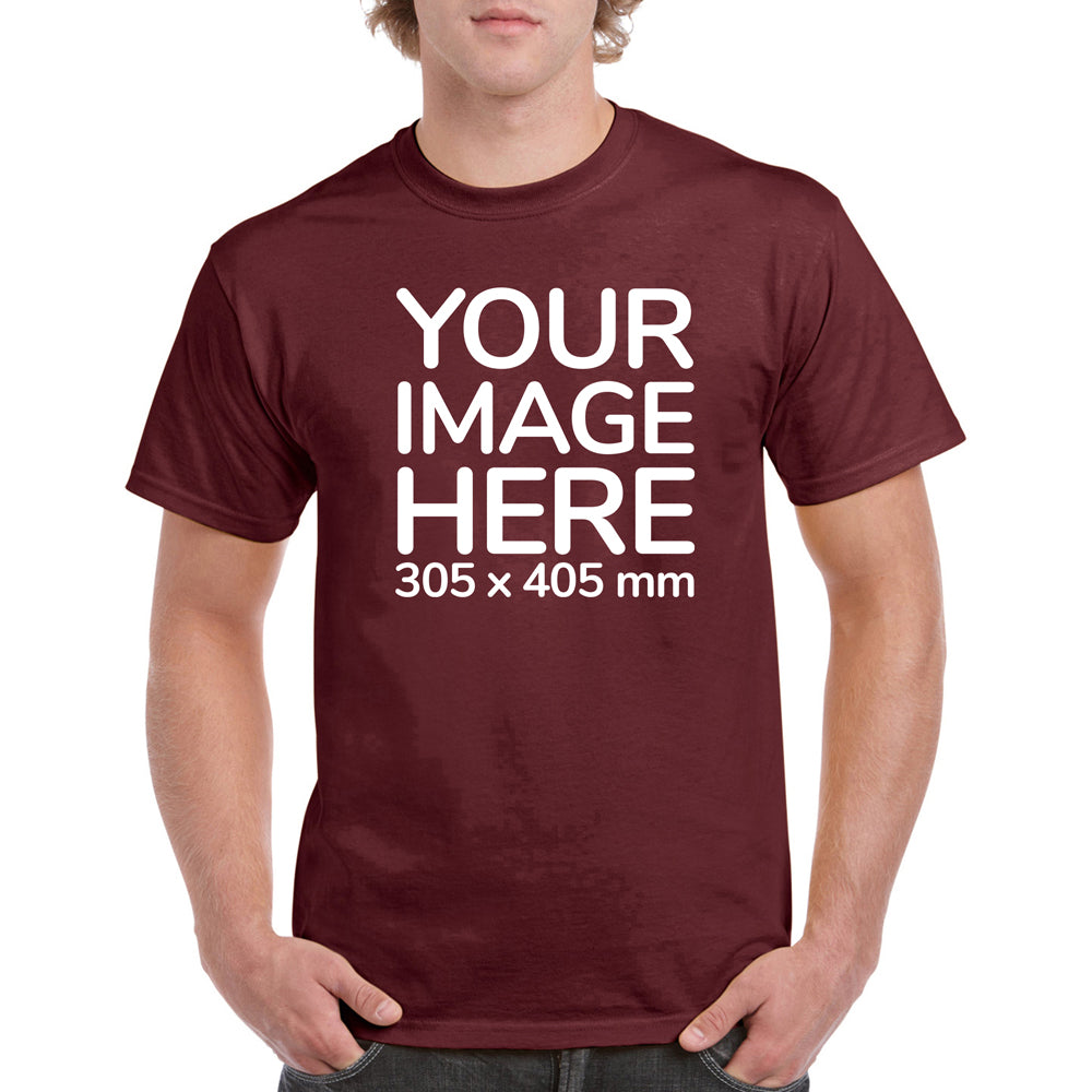 Men's Custom T-Shirts - Shirts are customisable on front side with your own design or image - burgundy colour teez