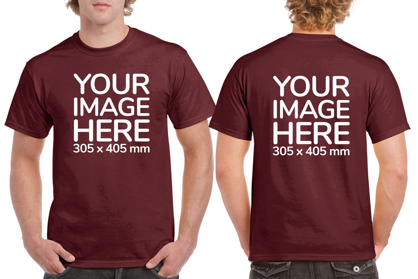 Men's Custom T-Shirts - Shirts are customisable on front and back side with your own design or image - burgundy colour teez