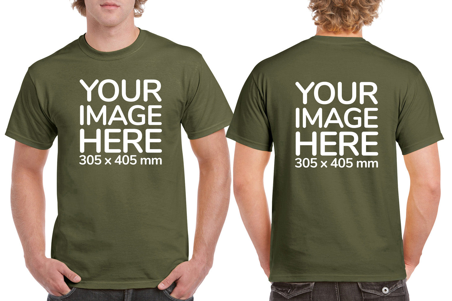 Men's Custom T-Shirts - Shirts are customisable on front and back side with your own design or image - olive colour teez