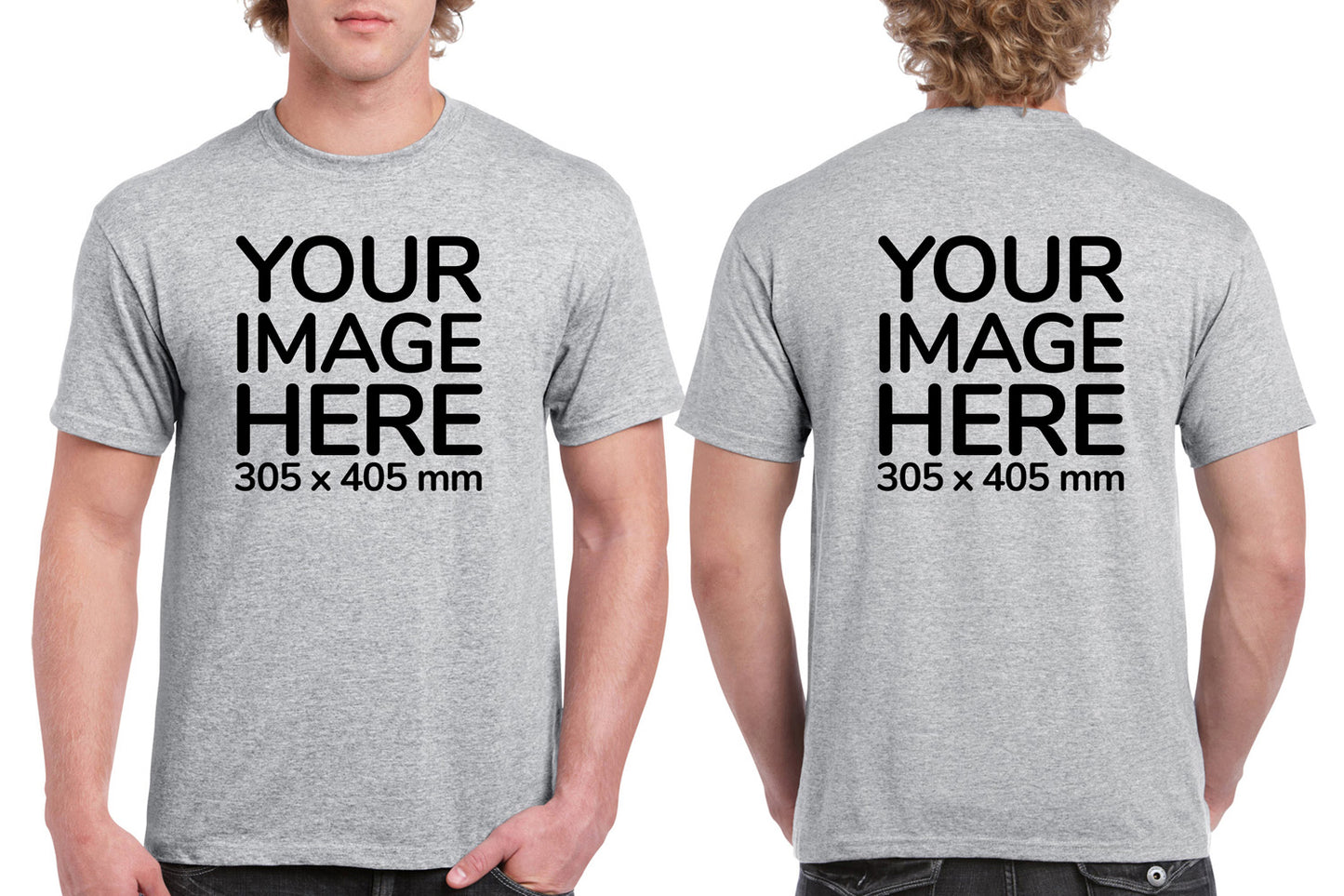 Men's Custom T-Shirts - Shirts are customisable on front and back side with your own design or image - light gray colour teez