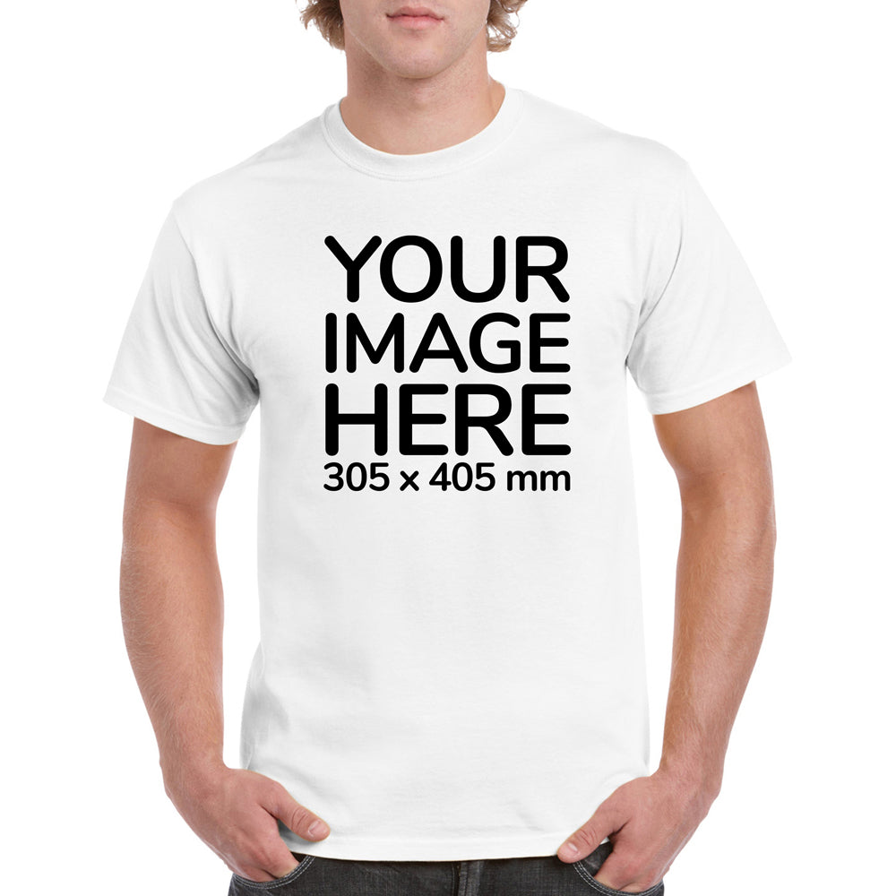 Men's Custom T-Shirts - Shirts are customisable on front side with your own design or image - white colour teez