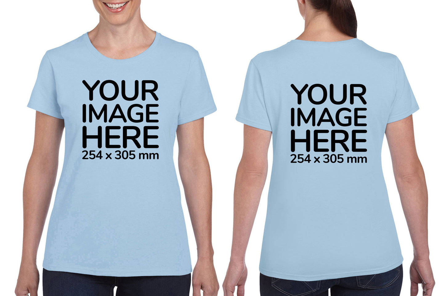 Women Custom Shirts - T-Shirt customisable on front side and back side with your own design or image - light blue colour shirt
