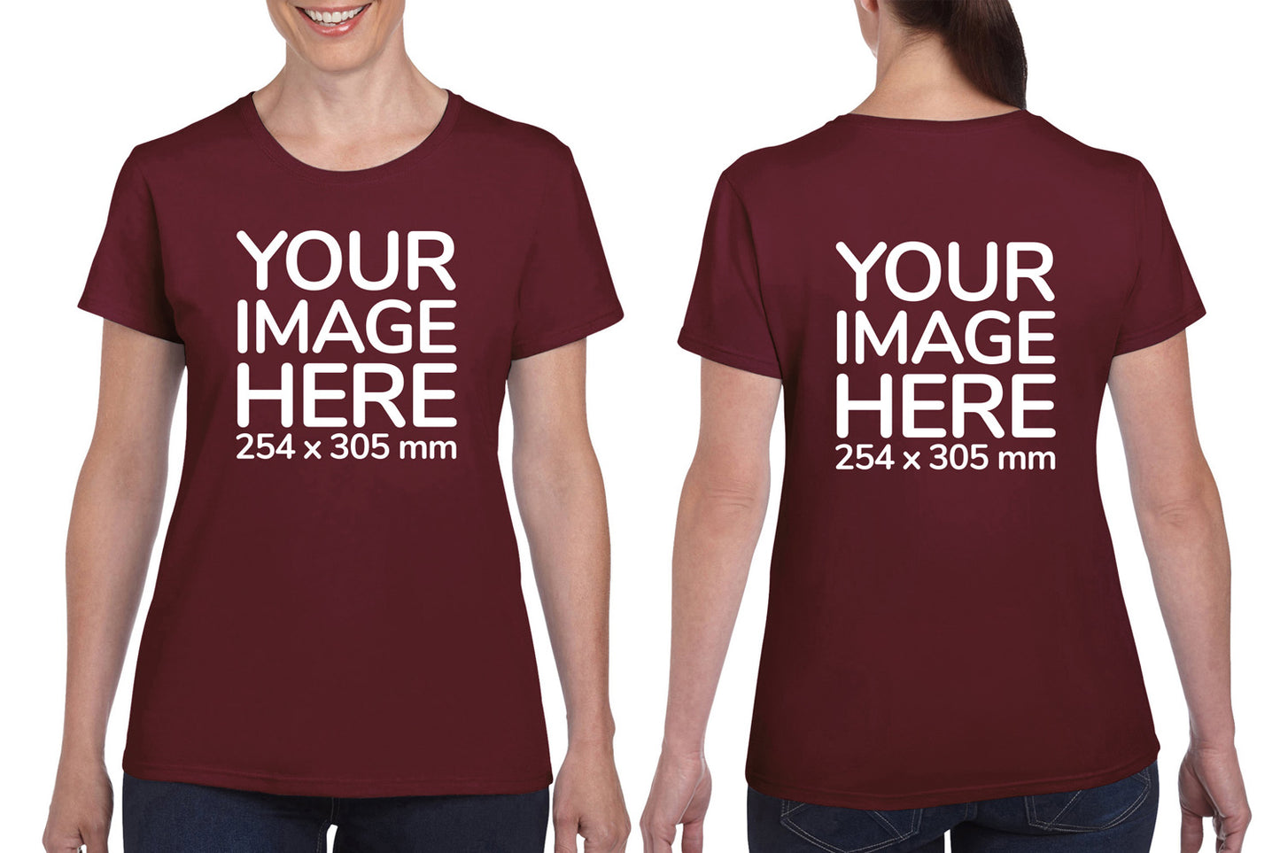 Women Custom Shirts - T-Shirt customisable on front side and back side with your own design or image - burgundy colour shirt