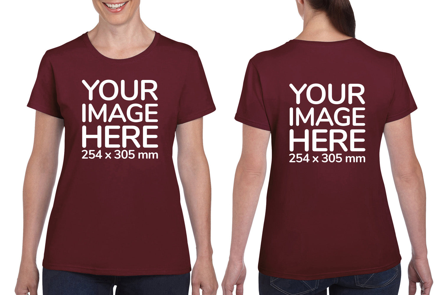 Women Custom Shirts - T-Shirt customisable on front side and back side with your own design or image - burgundy colour shirt