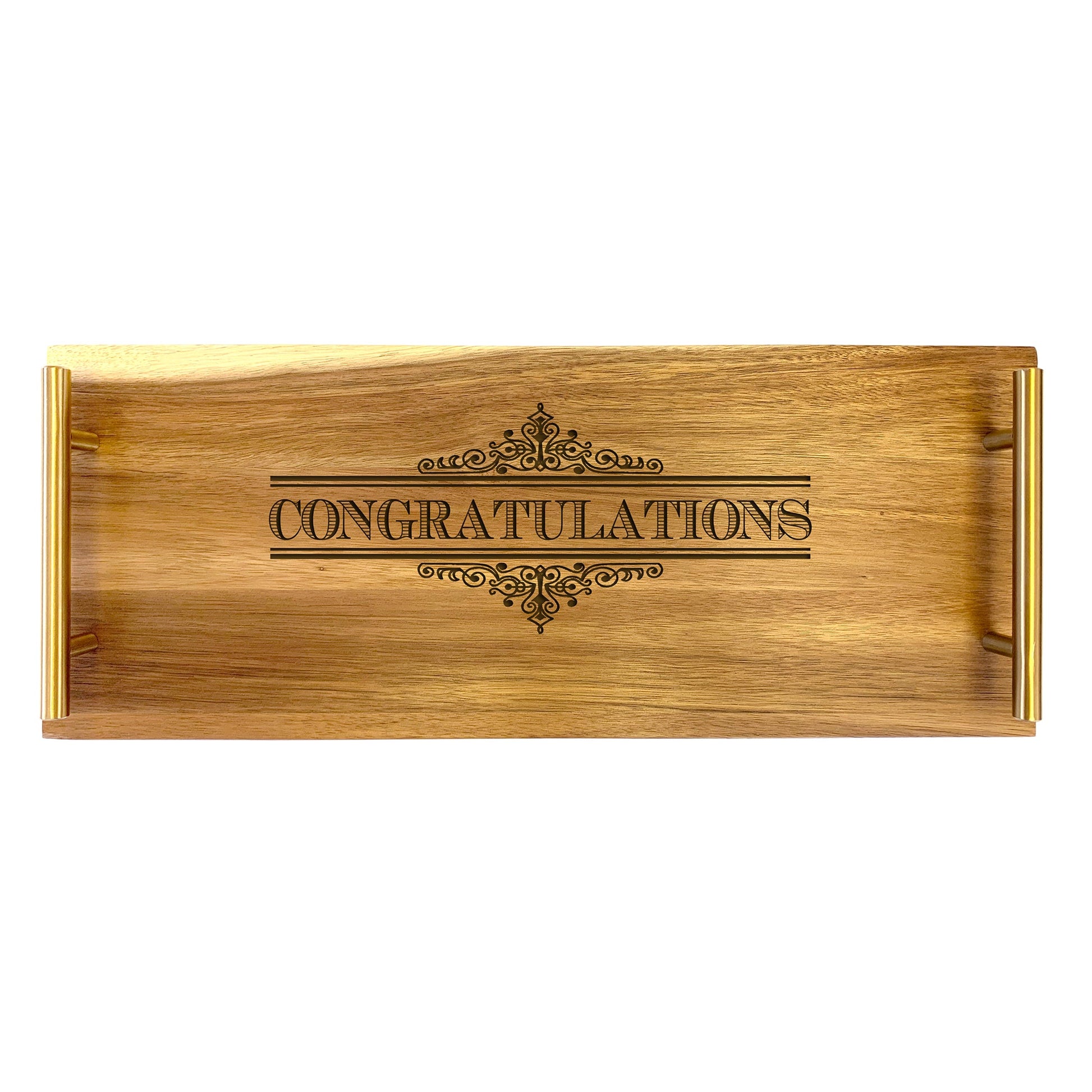 A large rectangular wooden serving tray with 'CONGRATULATIONS' engraved in the center.