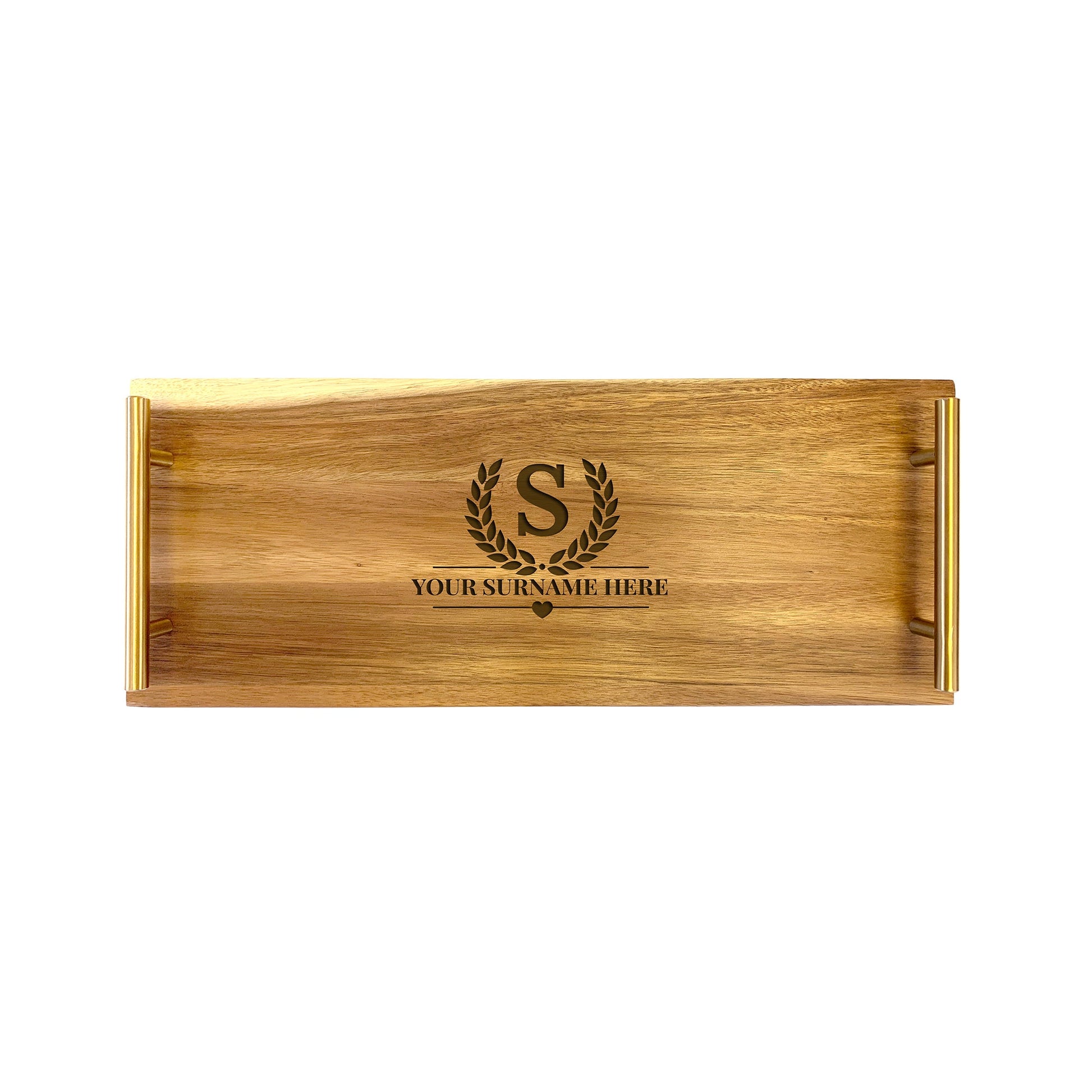 A small serving tray made from high quality acacia wood, with a personalized engraving that reads 'Your Name Here'.