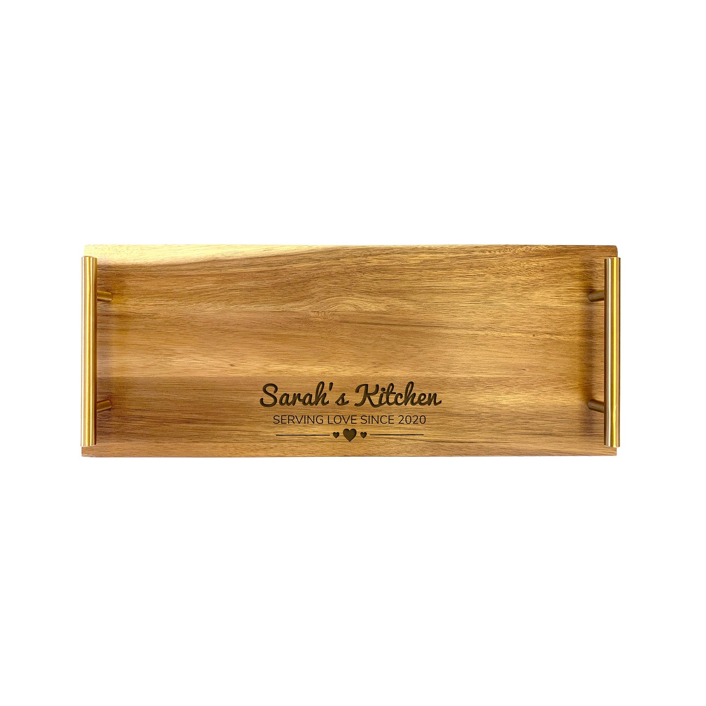 A small serving tray made from acacia wood with 'Sarah's Kitchen' engraved on the front.