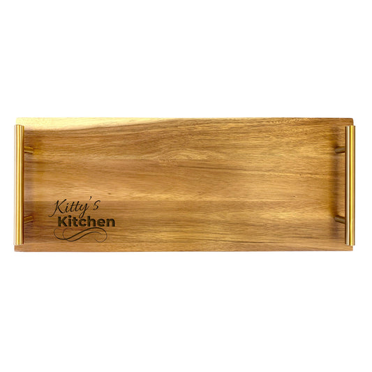A large rectangular wooden serving tray with laser-engraved text that reads 'Kitty's Kitchen'.