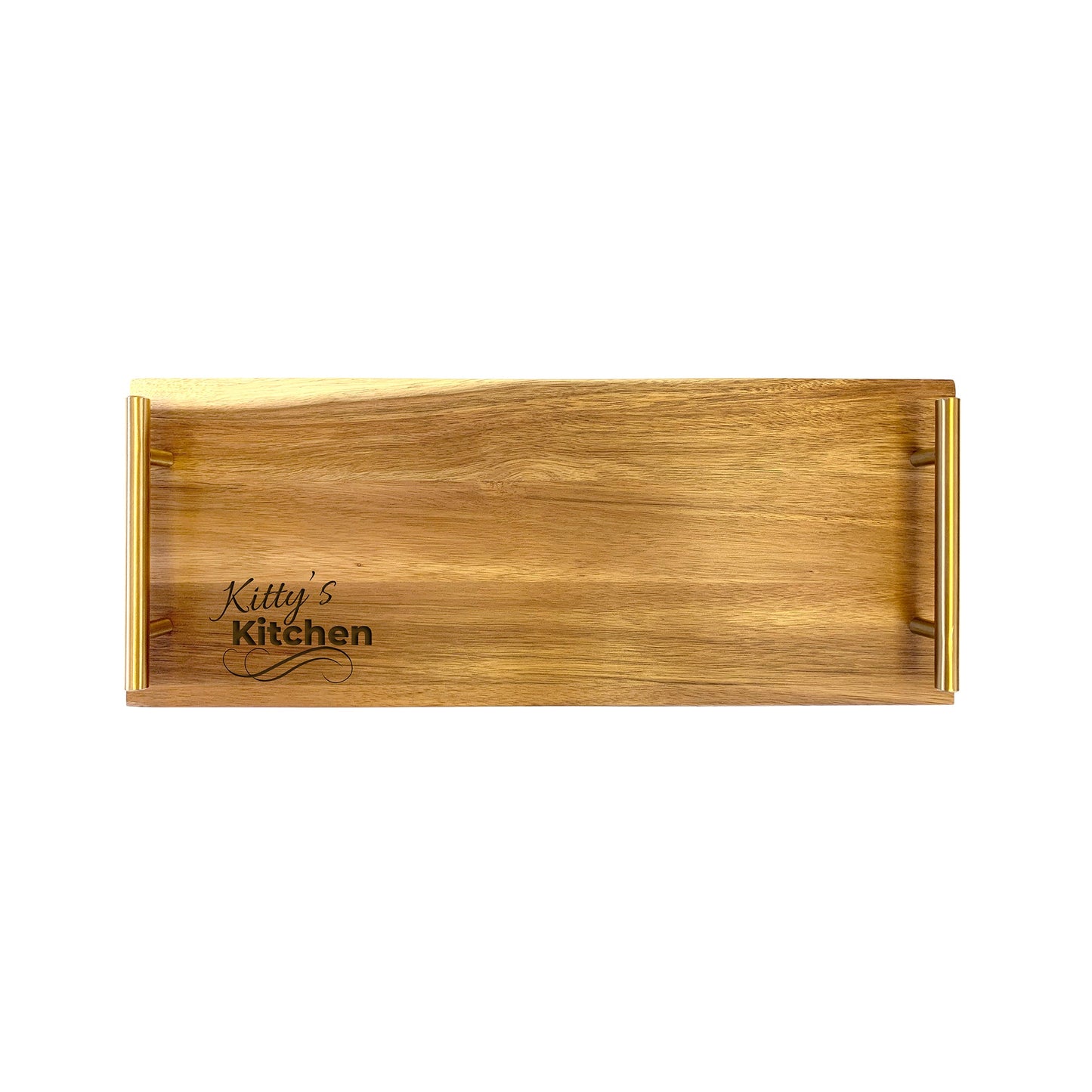 A small rectangular serving tray made from high quality acacia wood, with 'Kitty's Kitchen' engraved on the surface.