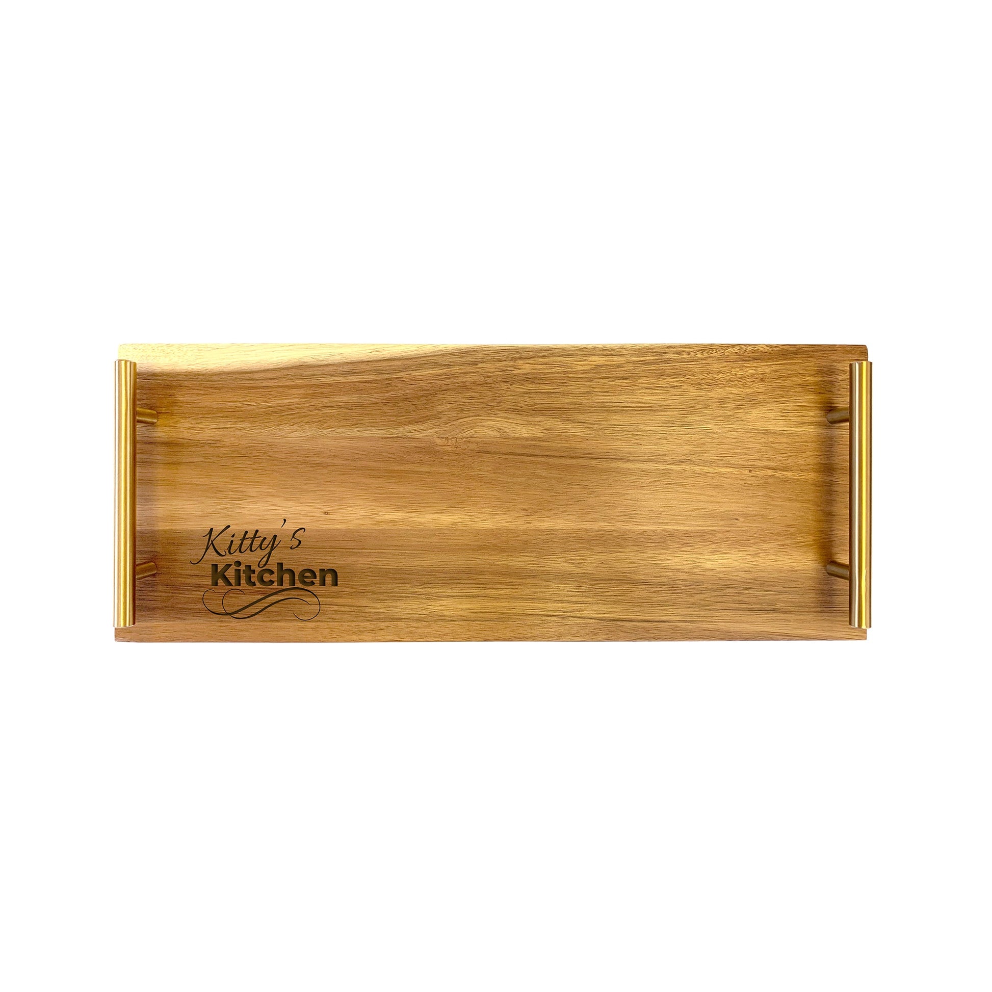 A small rectangular serving tray made from high quality acacia wood, with 'Kitty's Kitchen' engraved on the surface.