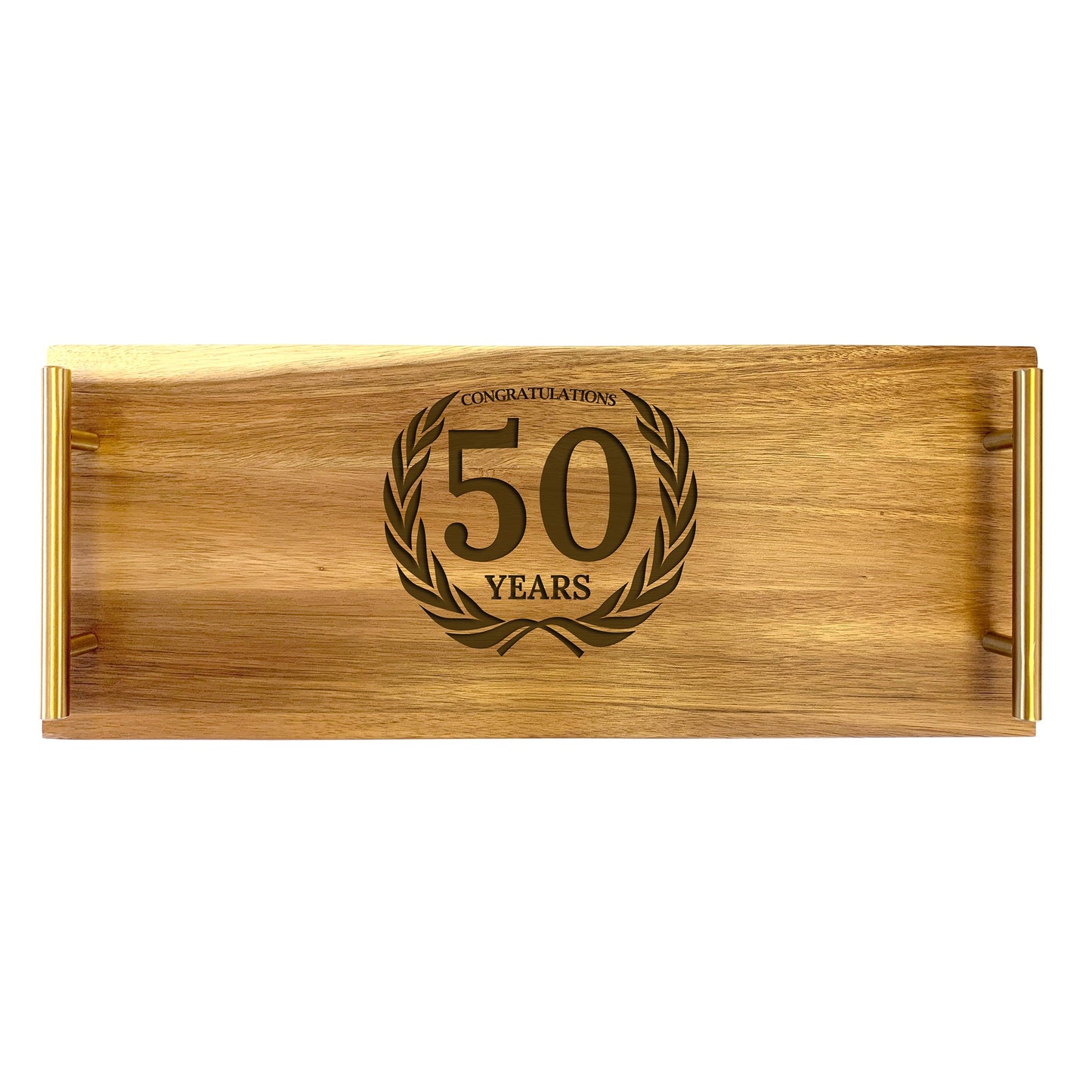 A large wooden serving tray with a gold-colored engraved message 'CONGRATULATIONS ON YOUR 50TH ANNIVERSARY' surrounded by a laurel wreath.