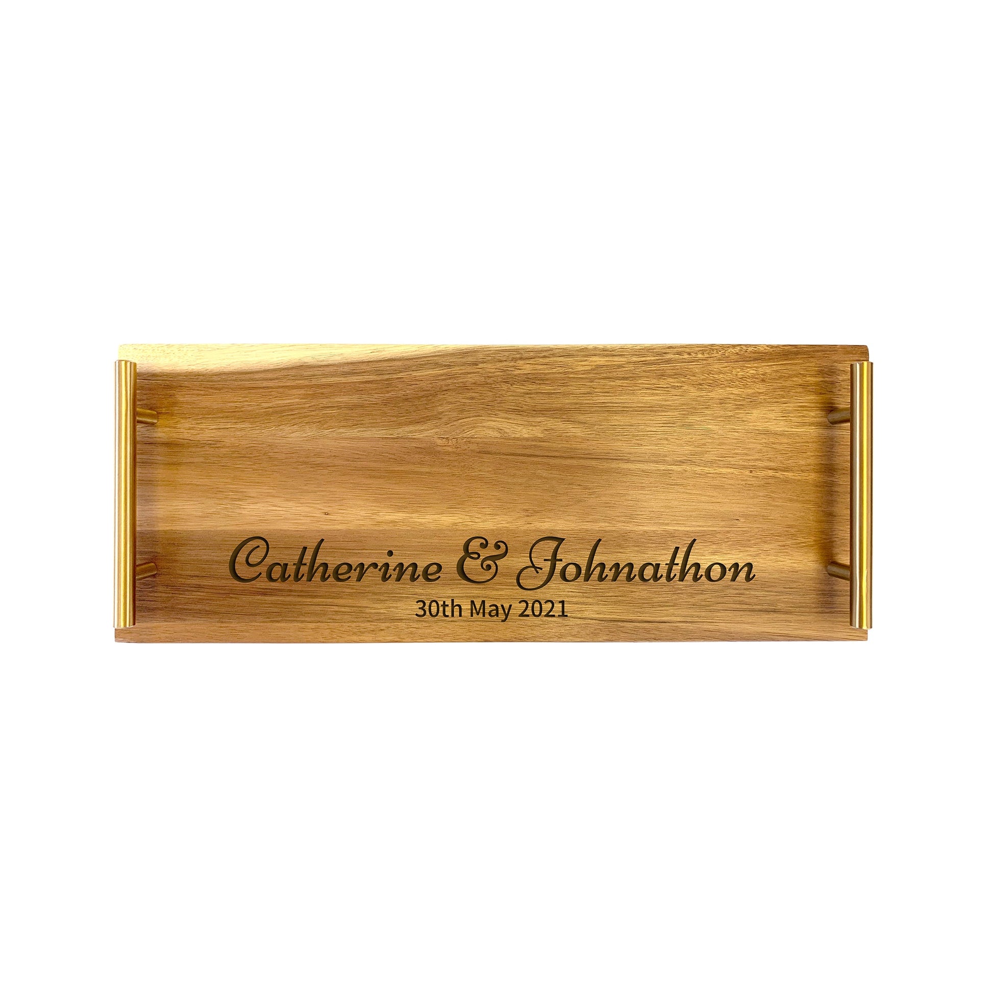 A small wooden serving tray with laser-engaved text 'Catherine & Johnathon' along with a date '30th May 2021'.