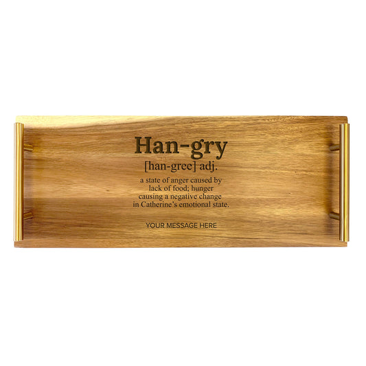 A rectangular wooden serving tray with the text 'HANGRY' engraved on it, along with a brief message space.