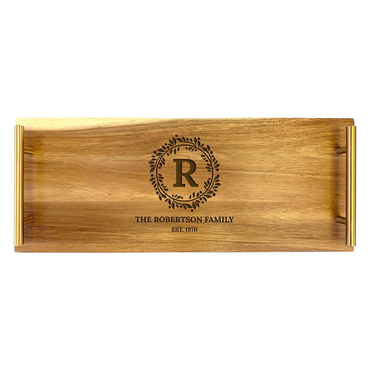 A large serving tray made from acacia wood with a monogram 'R' engraved on the center, and the text 'The Robertson Family' below it.