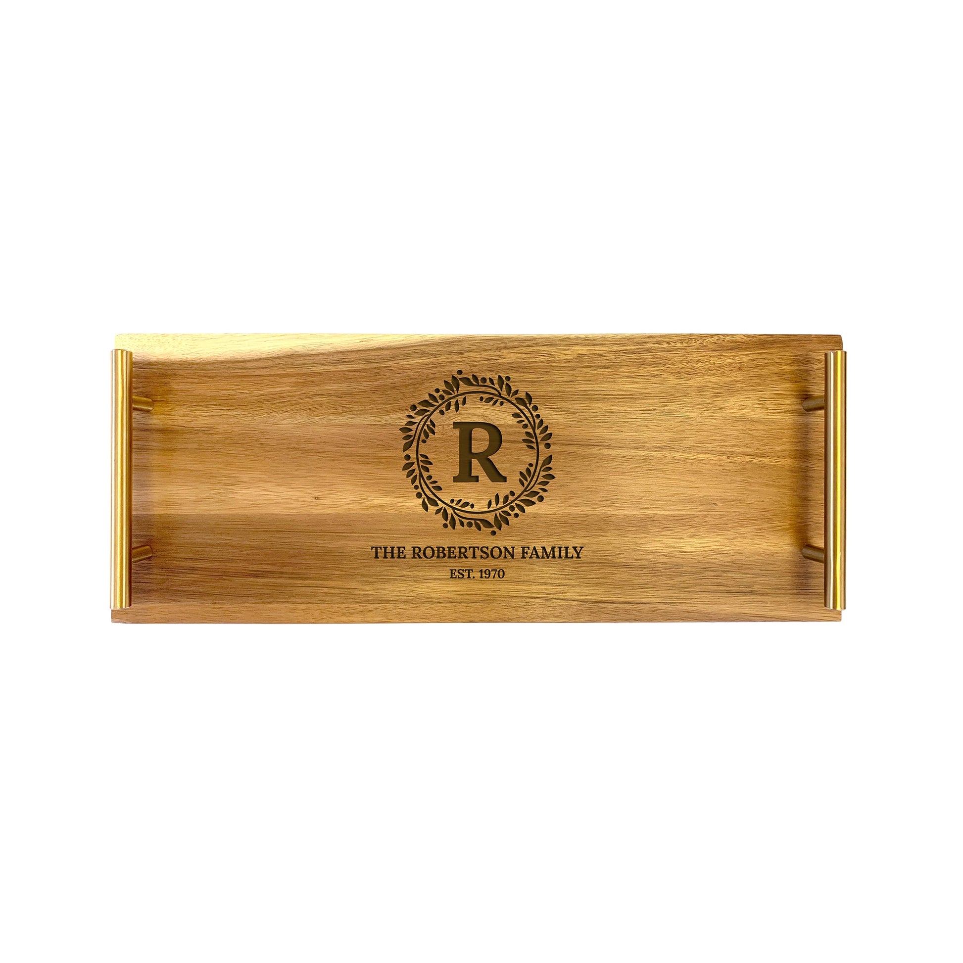 A small wooden serving tray with a laser-engraved monogram initial 'R' in the center, surrounded by a floral design, and the text 'THE ROBERTSON FAMILY EST 2019'.