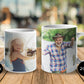 Two custom mugs in 11oz and 20oz with printed images of a child and an adult on a wooden surface.