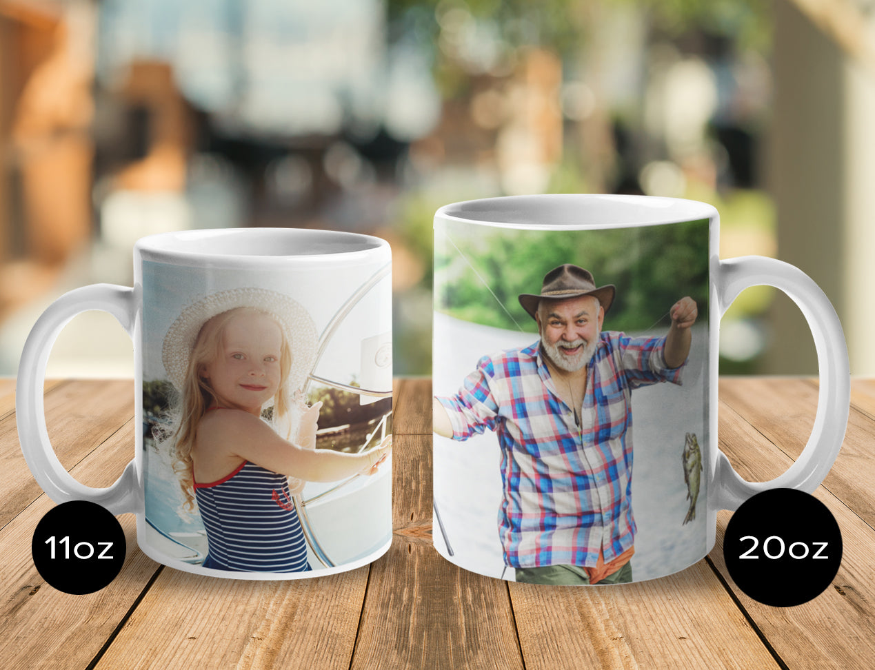 Two custom mugs in 11oz and 20oz with printed images of a child and an adult on a wooden surface.