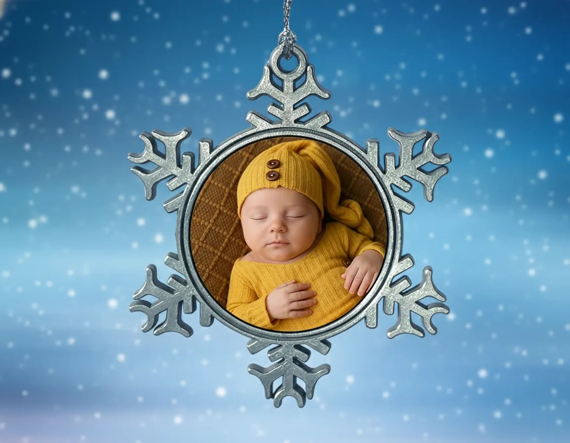 Custom Star-shapred Xmas decoration personalised with a baby in a yellow outfit against a snowy background