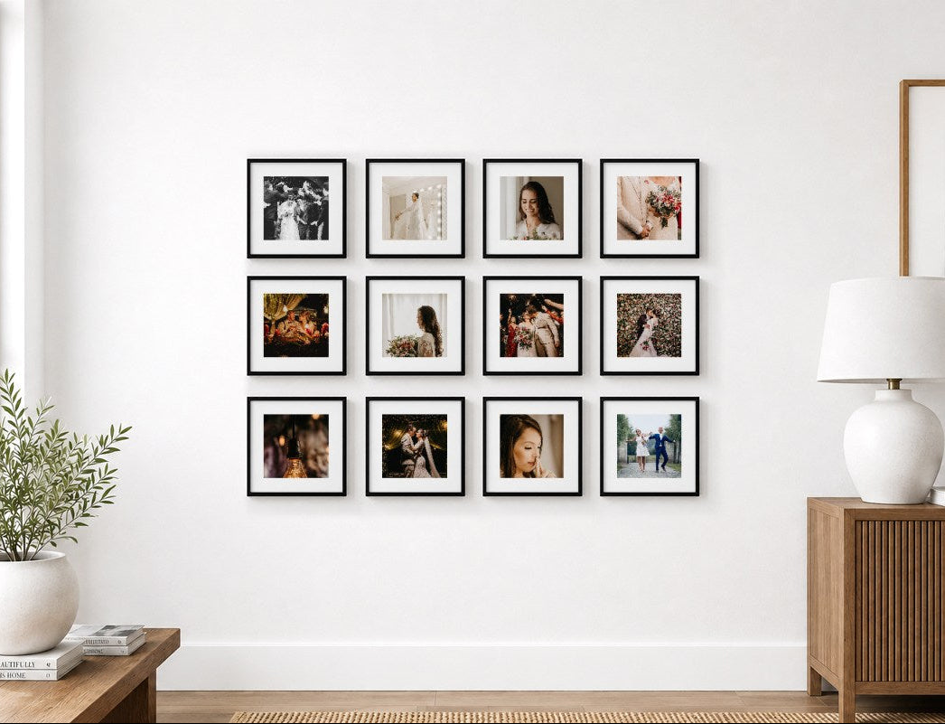 A 3x4 grid of twelve framed photo tiles on Diamond Photo Australia. The black-and-white and color photographs hang on a white wall in a styled interior room with a window, plant, lamp, and wooden cabinet.