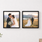 Two framed custom wedding photograph tiles hanging side-by-side on a white wall, with a white table lamp on the right and green leaves on the left.