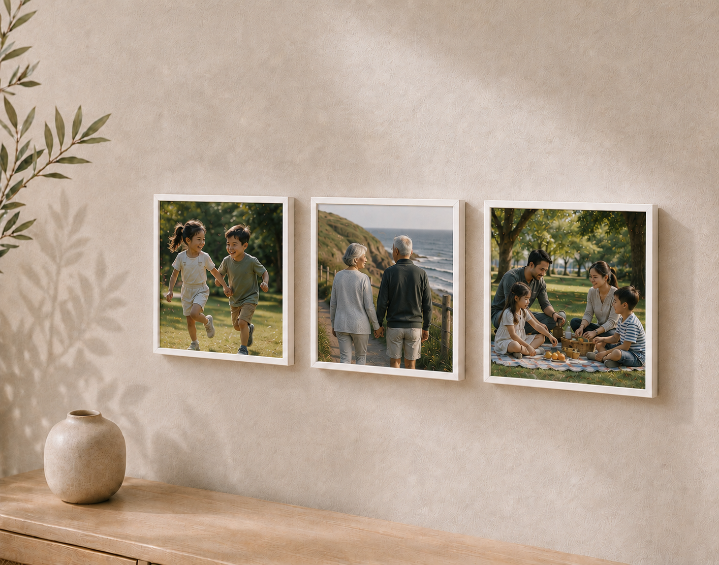 Three white framed family photographs displayed side-by-side on a textured beige wall above a wooden console table with a ceramic vase.