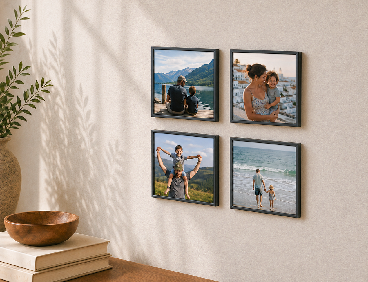 Four square framed photo tiles with black frames arranged in a 2x2 grid on a beige wall, styled in a warm home interior with a wooden bowl, books, and a potted plant nearby.