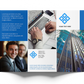 Tri-fold brochure design with a man using a laptop, a blue logo, and text placeholders.