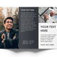 Trifold brochure printing - Design layout with a person outdoors, text placeholder, and a person working on a laptop.