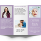 Three-fold brochure design with images of a woman, couple, and flowers on a white background