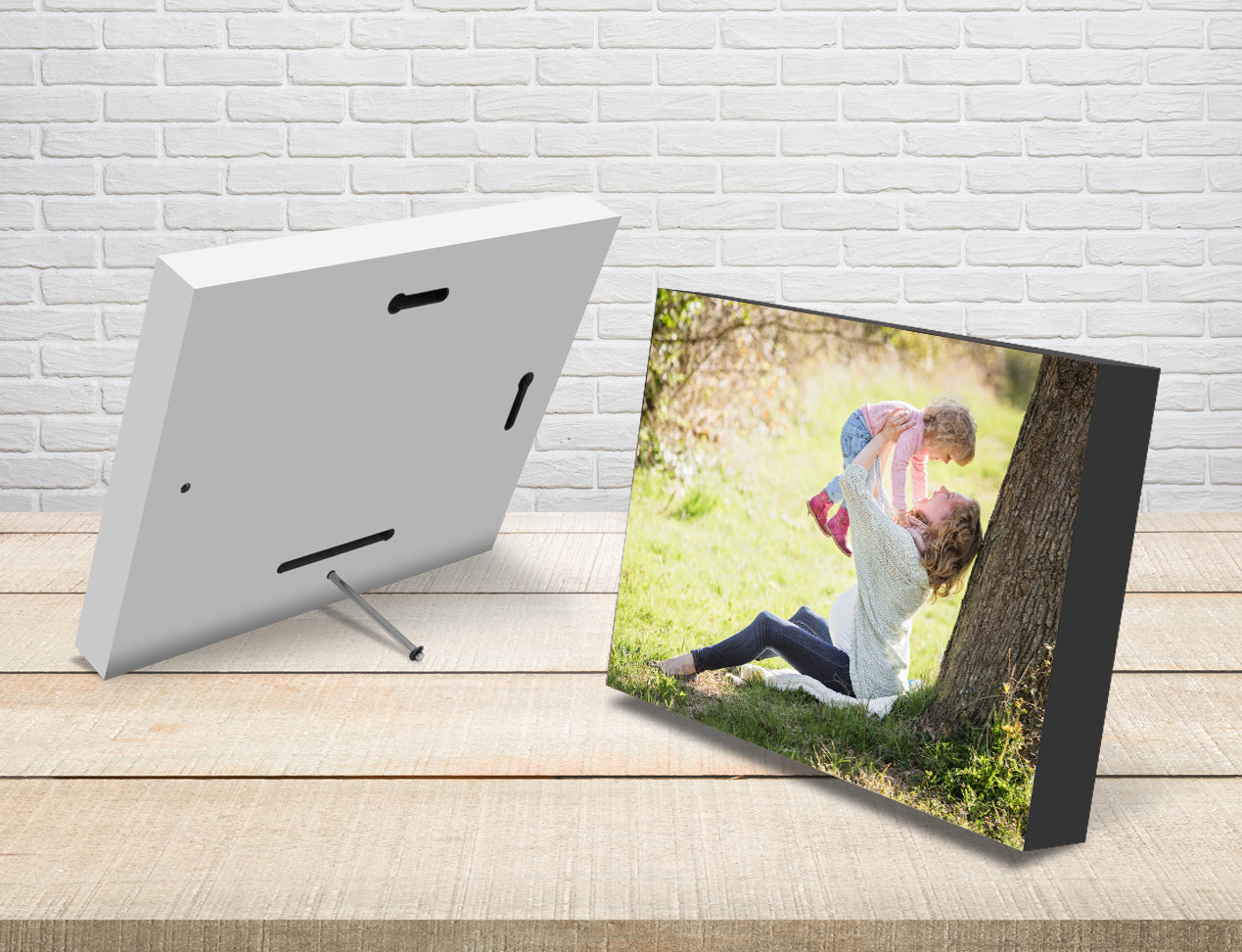 Wooden Photo Block shown from the back with image of mother and daughter. Standing mechanism is included.
