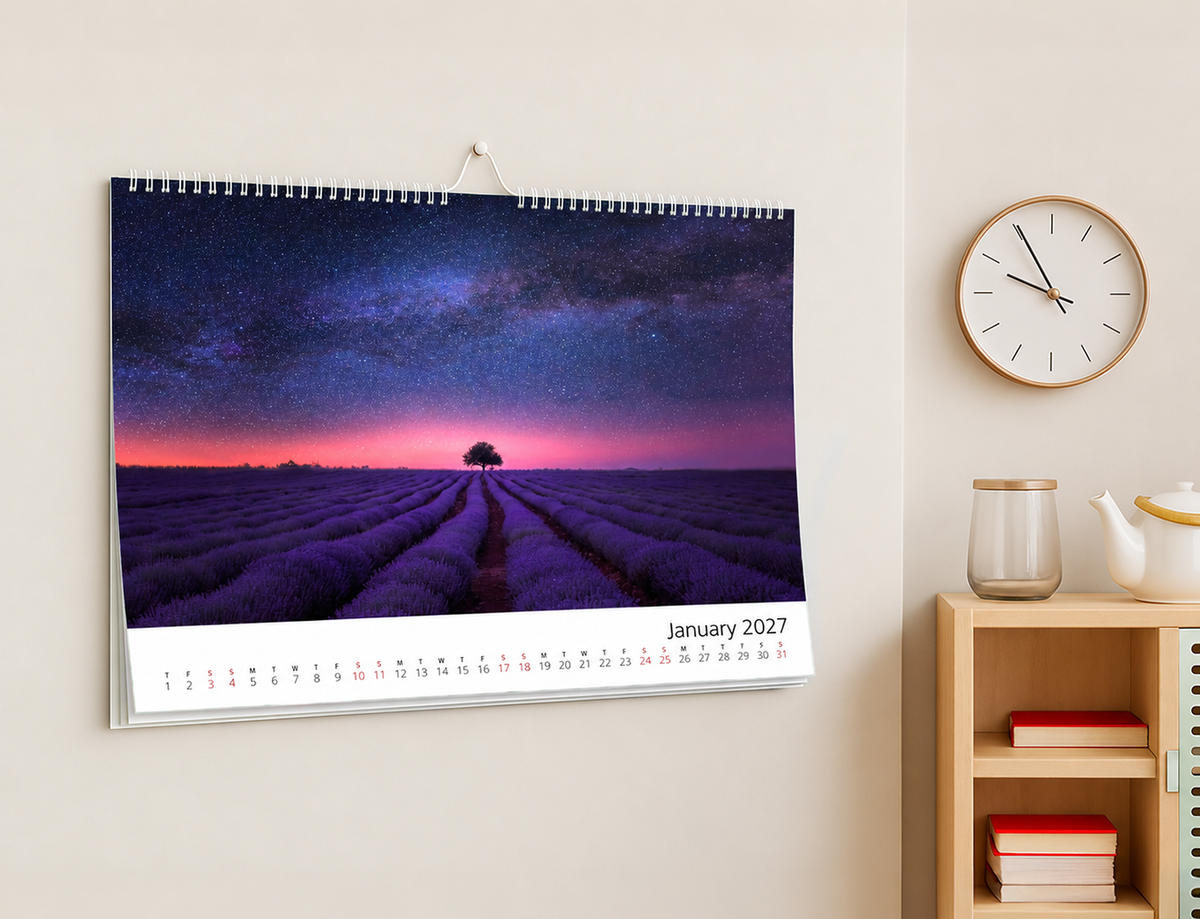 A3 landscape wall calendar with white wire binding, angled view, ideal for showcasing artwork.