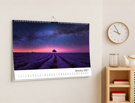 A3 landscape wall calendar with white wire binding, angled view, ideal for showcasing artwork.