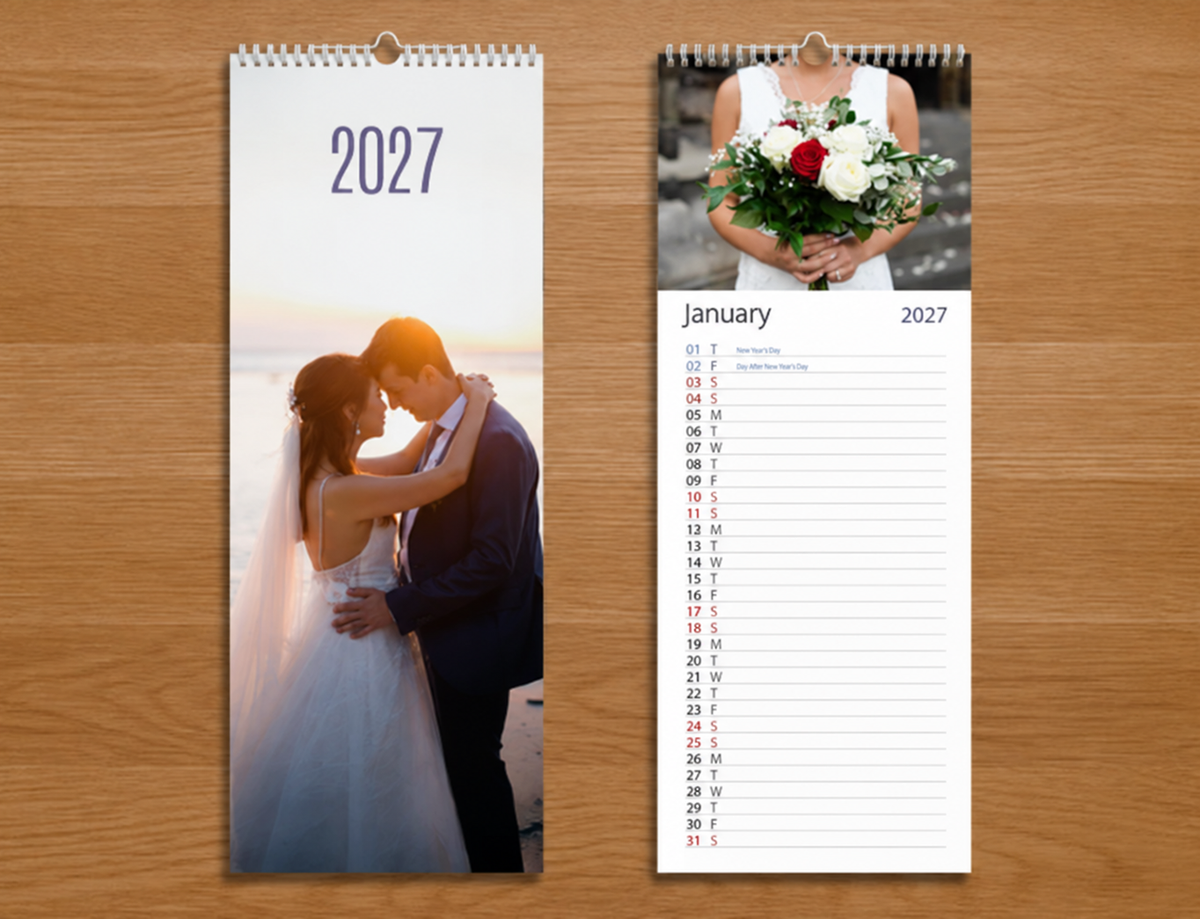 Custom 15 x 40 cm photo kitchen notepad wall calendar with large image, spiral-bound and using a hook for hanging on a wall