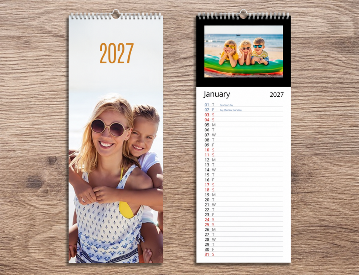 Custom 15 x 40 cm kitchen notepad wall calendar with photos, spiral-bound and hanging on a wall