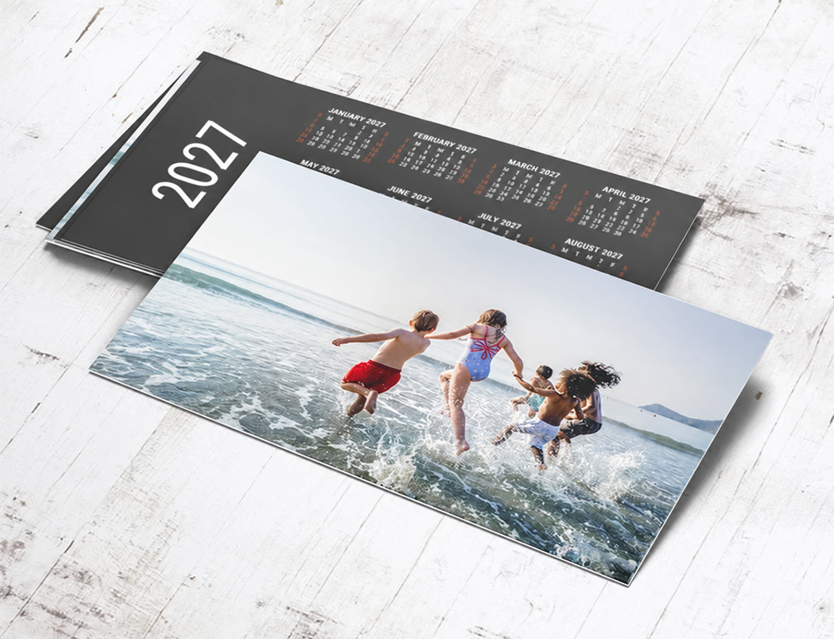 Double-sided 90 × 55 mm custom wallet calendar card showing photo front and full-year grid back