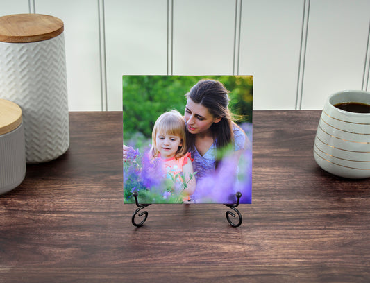 ceramic photo tile sitting on metal easel