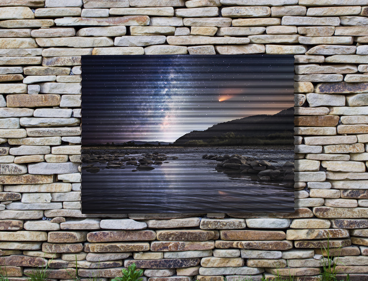 corrugated iron print with photo hung on wall