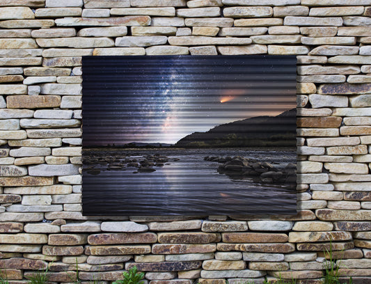 corrugated iron print with photo hung on wall