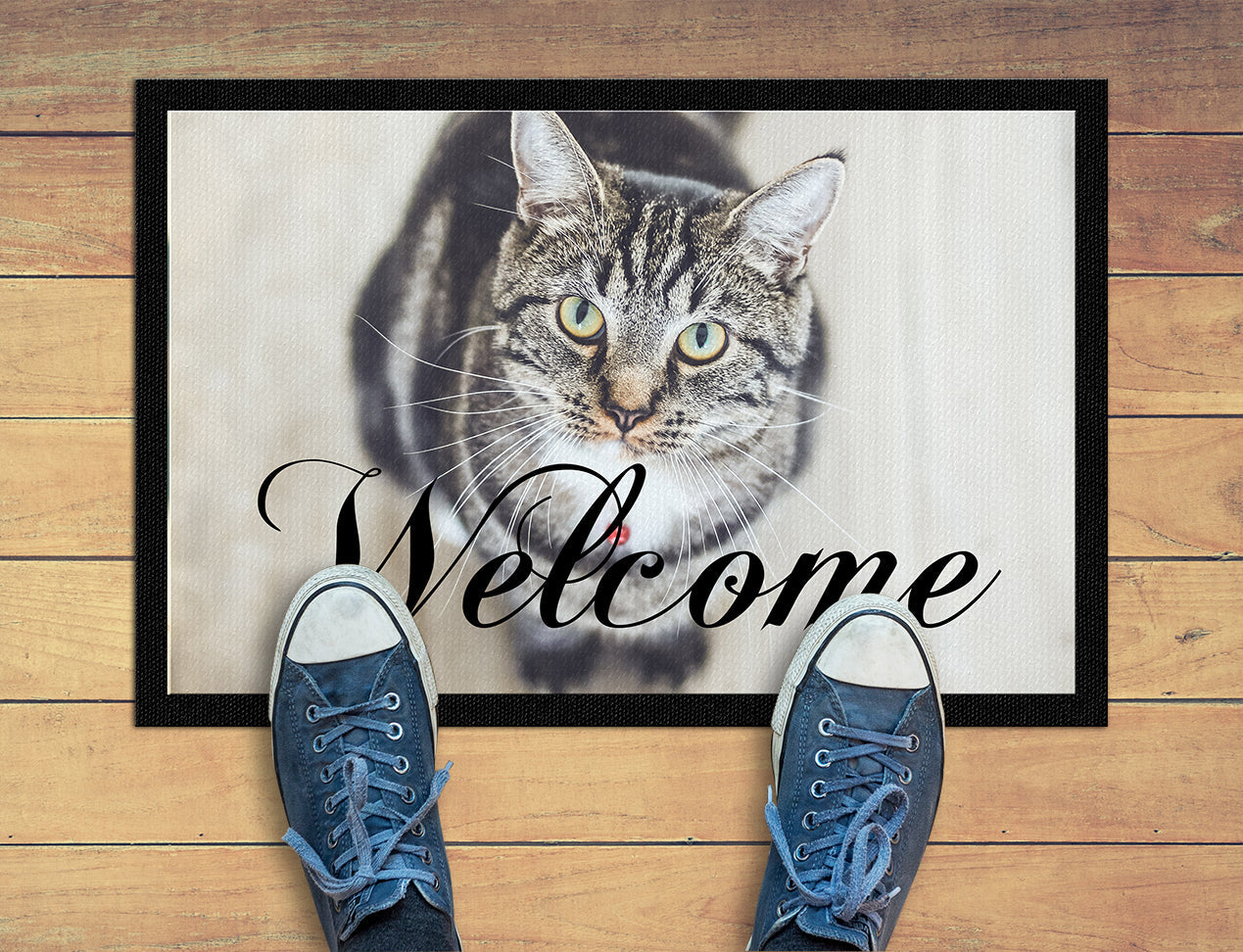 custom door mat with welcome message and cat