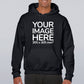 A black adult hoodie with a front pouch pocket and a double-lined hood with color-matched draw-cord. The hoodie is quarter-turned to eliminate a center crease, and it features a sample placeholder for a custom image.
