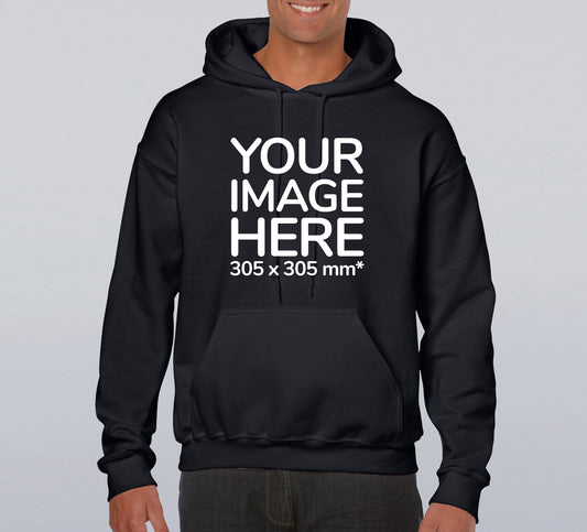 A black adult hoodie with a front pouch pocket and a double-lined hood with color-matched draw-cord. The hoodie is quarter-turned to eliminate a center crease, and it features a sample placeholder for a custom image.