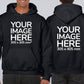 Two adults wearing black hoodies with placeholder text for images, indicating the front and back views of the hoodie.